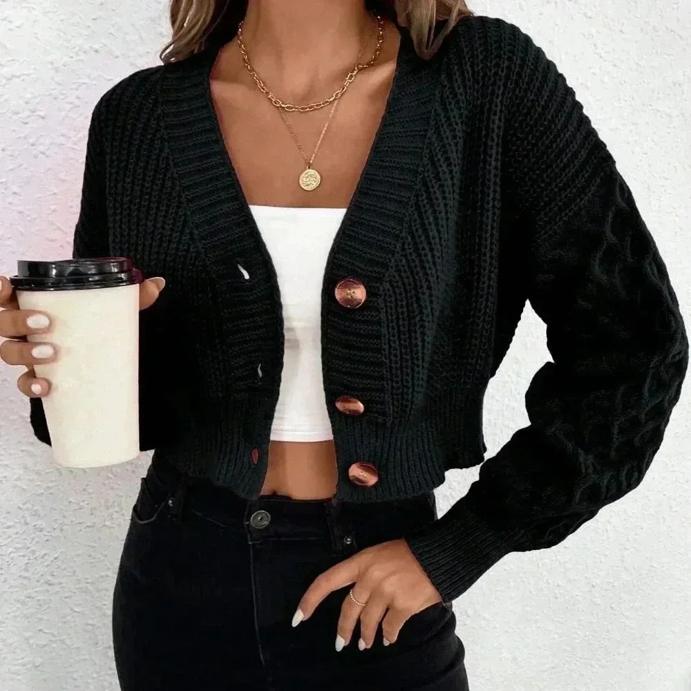Black Casual Women's Drop Shoulder Button Front Cardigan - Picture 5 of 6